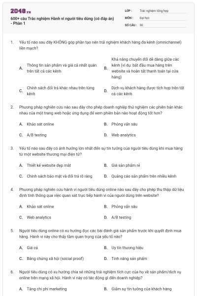 600+ câu Trắc nghiệm Hành vi người tiêu dùng (có đáp án) - Phần 1