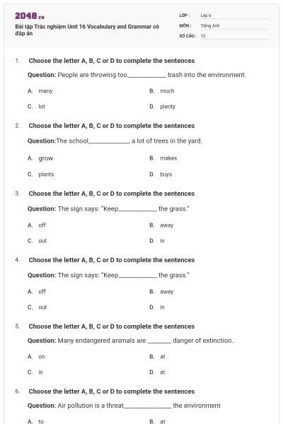 Bài tập Trắc nghiệm Unit 16 Vocabulary and Grammar có đáp án