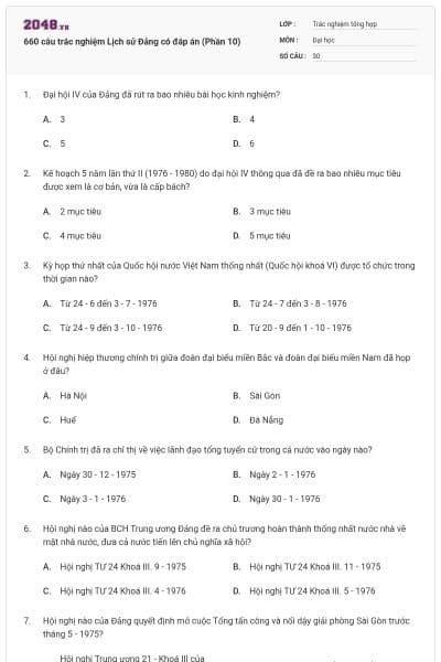 660 câu trắc nghiệm Lịch sử Đảng có đáp án (Phần 10)