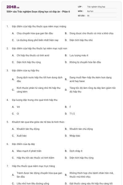 500+ câu Trắc nghiệm Dược động học có đáp án - Phần 6