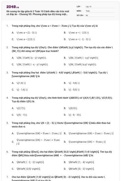 Đề cương ôn tập giữa kì 2 Toán 10 Cánh diều cấu trúc mới có đáp án - Chương VII. Phương pháp tọa độ trong mặt phẳng