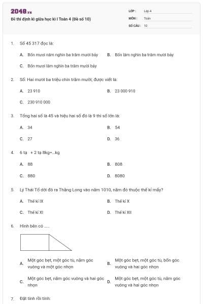 Đề thi định kì giữa học kì I Toán 4 (Đề số 10)