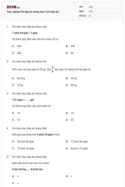 Trắc nghiệm Ôn tập đo lường lớp 5 (có đáp án)