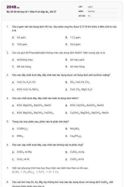 Bộ 30 đề thi học kì 1 Hóa 9 có đáp án_ đề 27