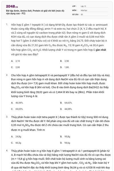 Bài tập Amin, Amino Axit, Protein có giải chi tiết (mức độ vận dụng cao - P2)