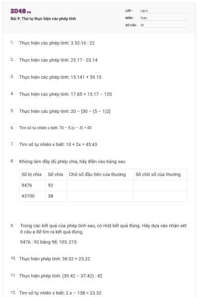 Bài 9: Thứ tự thực hiện các phép tính