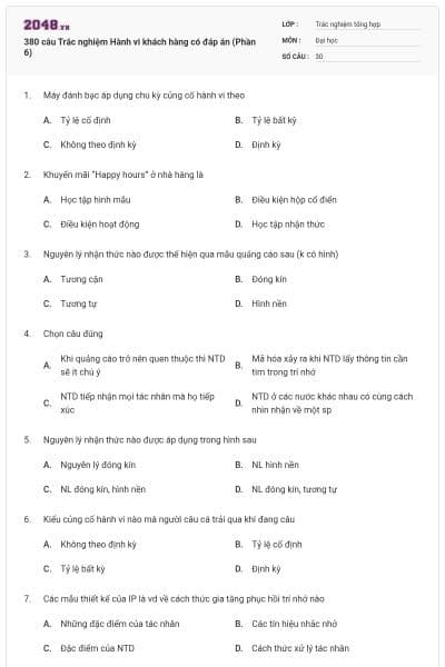 380 câu Trắc nghiệm Hành vi khách hàng có đáp án (Phần 6)