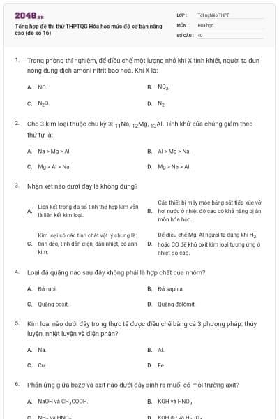 Tổng hợp đề thi thử THPTQG Hóa học mức độ cơ bản nâng cao (đề số 16)