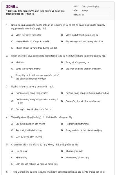 1000+ câu Trắc nghiệm Vệ sinh răng miệng và bệnh học miệng có đáp án - Phần 13