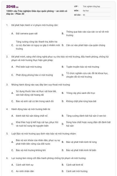 1000+ câu Trắc nghiệm Giáo dục quốc phòng – an ninh có đáp án - Phần 30