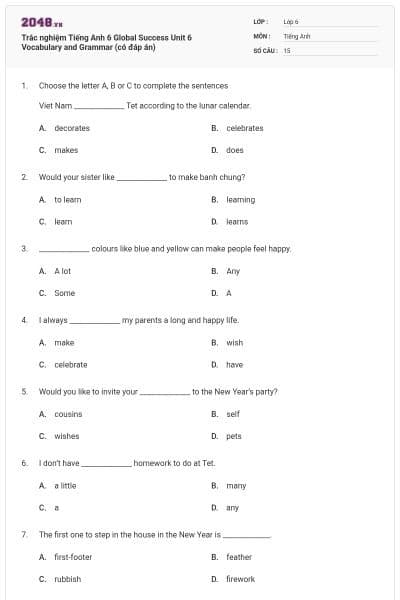 Trắc nghiệm Tiếng Anh 6 Global Success Unit 6 Vocabulary and Grammar (có đáp án)