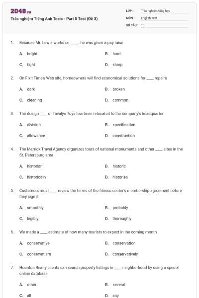 Trắc nghiệm Tiếng Anh Toeic - Part 5 Test (Đề 3)