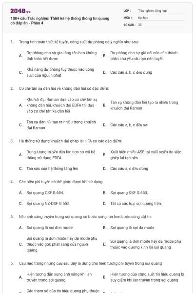 100+ câu Trắc nghiệm Thiết kế hệ thống thông tin quang có đáp án - Phần 4