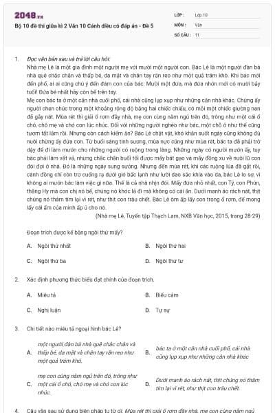 Bộ 10 đề thi giữa kì 2 Văn 10 Cánh diều có đáp án - Đề 5