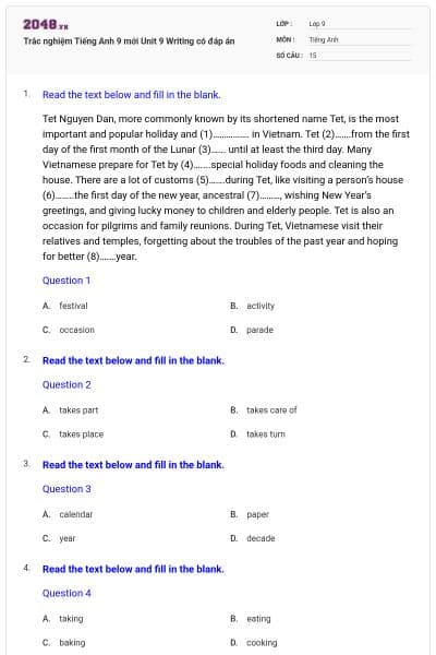 Trắc nghiệm Tiếng Anh 9 mới Unit 9 Writing có đáp án