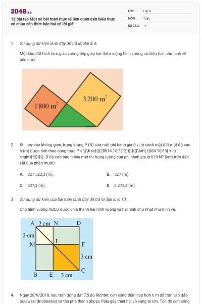 12 bài tập Một số bài toán thực tế liên quan đến biểu thức có chứa căn thức bậc hai có lời giải
