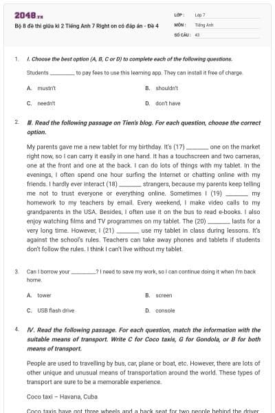 Bộ 8 đề thi giữa kì 2 Tiếng Anh 7 Right on có đáp án - Đề 4