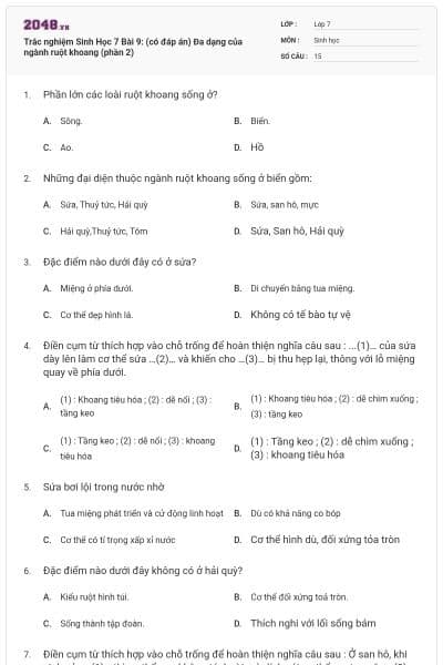Trắc nghiệm Sinh Học 7 Bài 9: (có đáp án) Đa dạng của ngành ruột khoang (phần 2)