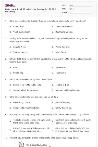 Đề thi Học kì 1 Lịch Sử và Địa Lí lớp 6 có đáp án - Bộ Cánh diều (Đề 1)