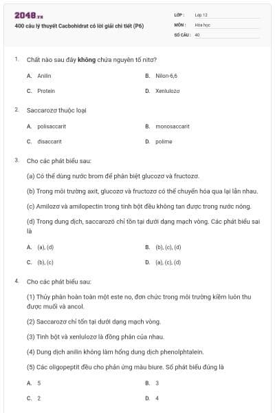 400 câu lý thuyết Cacbohidrat có lời giải chi tiết (P6)
