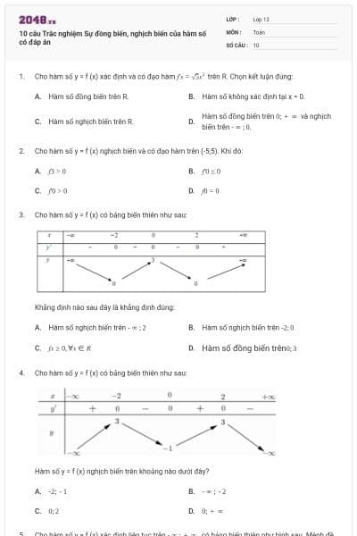10 câu Trắc nghiệm Sự đồng biến, nghịch biến của hàm số có đáp án