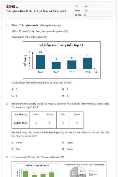 Trắc nghiệm Biểu đồ cột lớp 6 (có đúng sai, trả lời ngắn)