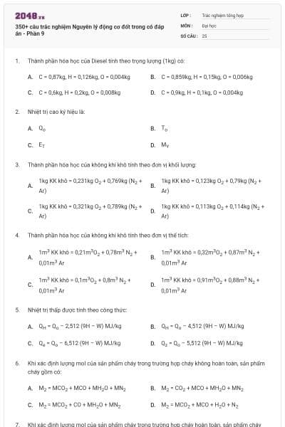 350+ câu trắc nghiệm Nguyên lý động cơ đốt trong có đáp án - Phần 9