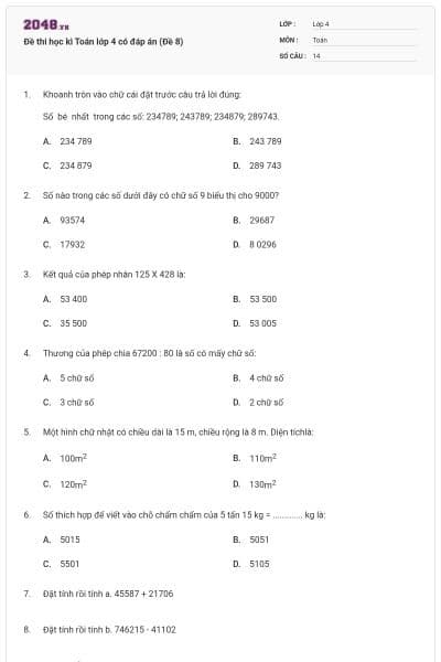 Đề thi học kì Toán lớp 4 có đáp án (Đề 8)