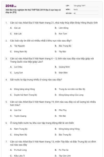 360 Bài trắc nghiệm thi thử THPTQG 2019 Địa lí cực hay có đáp án (P3)