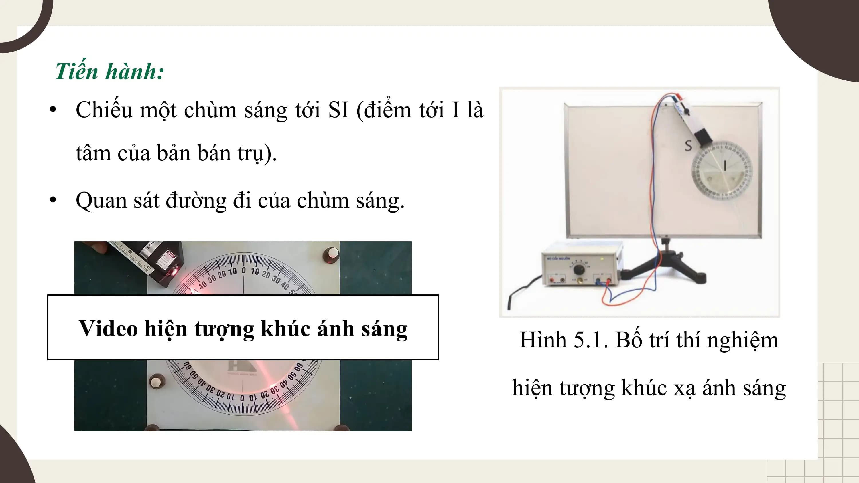 Tiến hành:
• Chiếu một chùm sáng tới SI (điểm tới I là
 tâm của bản bán trụ).
• Quan sát đường đi của chùm sáng.

 Video hiện tượng khúc ánh sáng Hình 5.1. Bố trí thí nghiệm
 hiện tượng khúc xạ ánh sáng