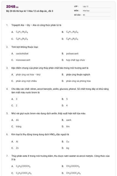 Bộ 20 đề thi học kì 1 Hóa 12 có đáp án_ đề 3