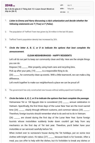 Bộ 5 đề thi giữa kì 2 Tiếng Anh 12  i-Learn Smart World có đáp án (Đề 4)