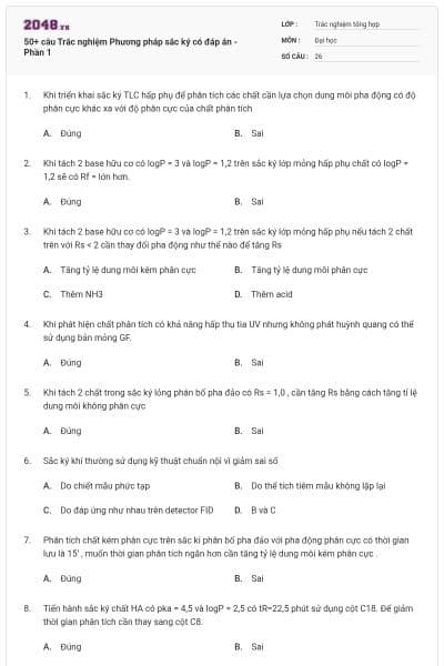 50+ câu Trắc nghiệm Phương pháp sắc ký có đáp án - Phần 1