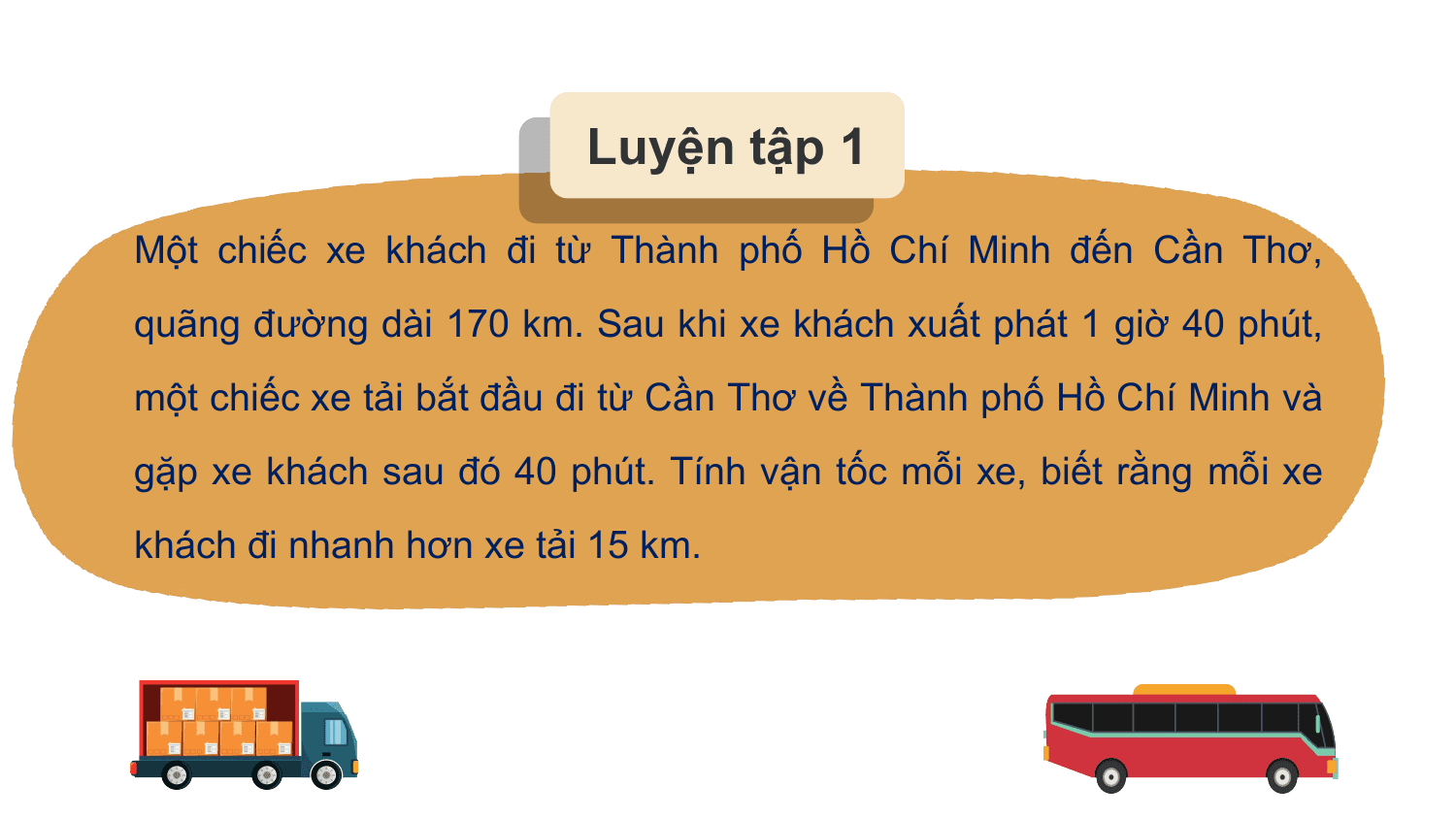 Luyện tập 1
Một chiếc xe khách đi từ Thành phố Hồ Chí Minh đến Cần Thơ,
quãng đường dài 170 km. Sau khi xe khách xuất phát 1 giờ 40 phút,
một chiếc xe tải bắt đầu đi từ Cần Thơ về Thành phố Hồ Chí Minh và
gặp xe khách sau đó 40 phút. Tính vận tốc mỗi xe, biết rằng mỗi xe
khách đi nhanh hơn xe tải 15 km.