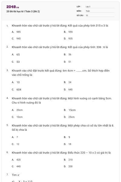 20 Đề thi học kì I Toán 3 (Đề 2)