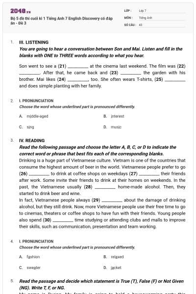 Bộ 5 đề thi cuối kì 1 Tiếng Anh 7 English Discovery có đáp án - Đề 3