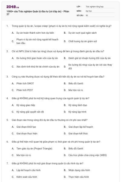 1000+ câu Trắc nghiệm Quản lý đầu tư (có đáp án) - Phần 37