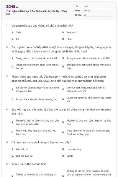 Trắc nghiệm Sinh học 8 Bài 66 (có đáp án): Ôn tập - Tổng kết