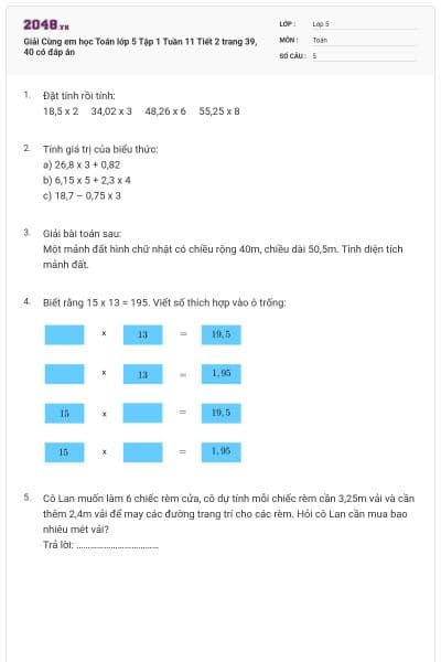 Giải Cùng em học Toán lớp 5 Tập 1 Tuần 11 Tiết 2 trang 39, 40 có đáp án