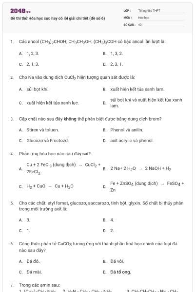 Đề thi thử Hóa học cực hay có lời giải chi tiết (đề số 6)