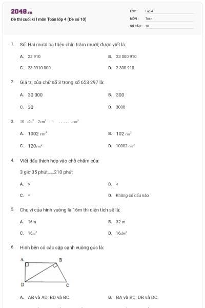 Đề thi cuối kì I môn Toán lớp 4 (Đề số 10)