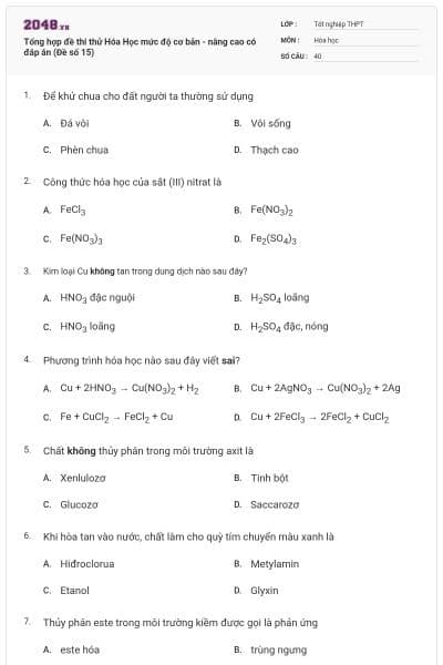Tổng hợp đề thi thử Hóa Học mức độ cơ bản - nâng cao có đáp án (Đề số 15)
