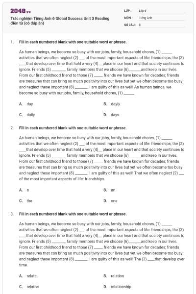 Trắc nghiệm Tiếng Anh 6 Global Success Unit 3 Reading điền từ (có đáp án)