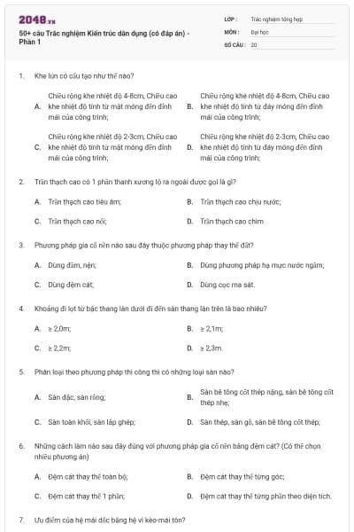50+ câu Trắc nghiệm Kiến trúc dân dụng (có đáp án) - Phần 1