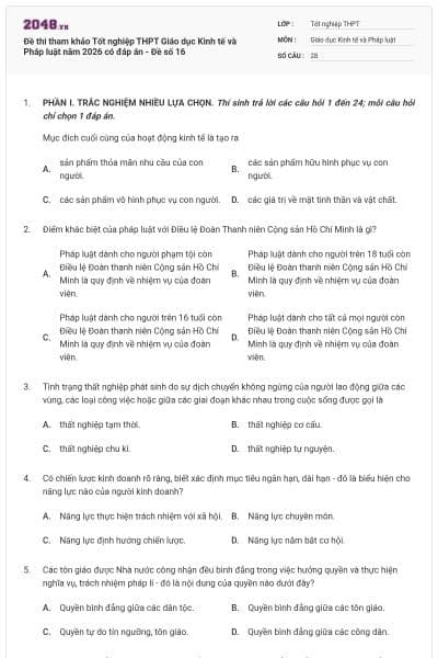 Đề thi tham khảo Tốt nghiệp THPT Giáo dục Kinh tế và Pháp luật năm 2026 có đáp án - Đề số 16