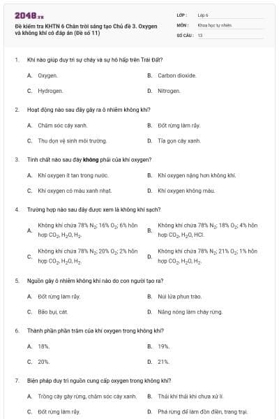 Đề kiểm tra KHTN 6 Chân trời sáng tạo Chủ đề 3. Oxygen và không khí có đáp án (Đề số 11)