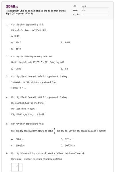 Trắc nghiệm Chia số có năm chữ số cho số có một chữ số lớp 3 (có đáp án - phần 3)