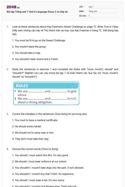 Bài tập Tiếng anh 7 Unit 6 Language focus 2 có đáp án