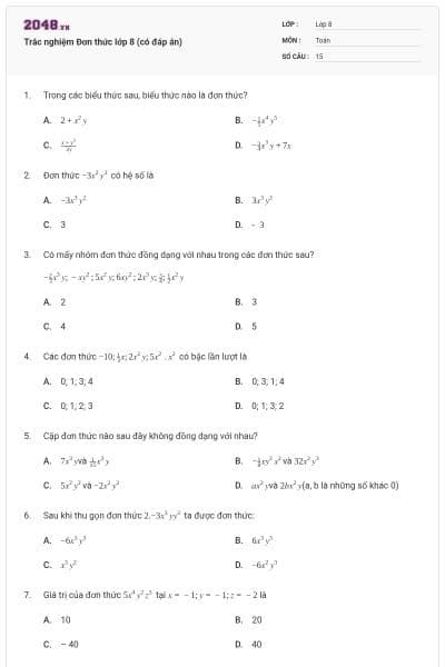 Trắc nghiệm Đơn thức lớp 8 (có đáp án)