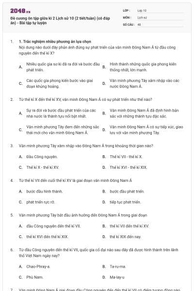 Đề cương ôn tập giữa kì 2 Lịch sử 10 (2 tiết/tuần) (có đáp án) - Bài tập tự luyện